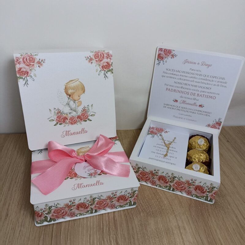 Caixa Batismo Requinte Flowers com Mini Terço SemiJoia